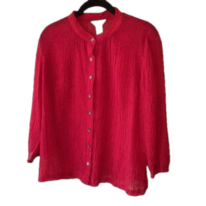 J. Jill Red Rayon Nylon Button Up Shirt M Metallic